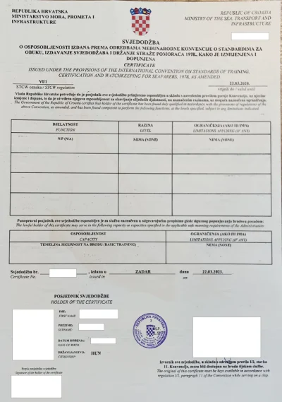 Tenger alapbiztonsága engedély (STCW VI/1)